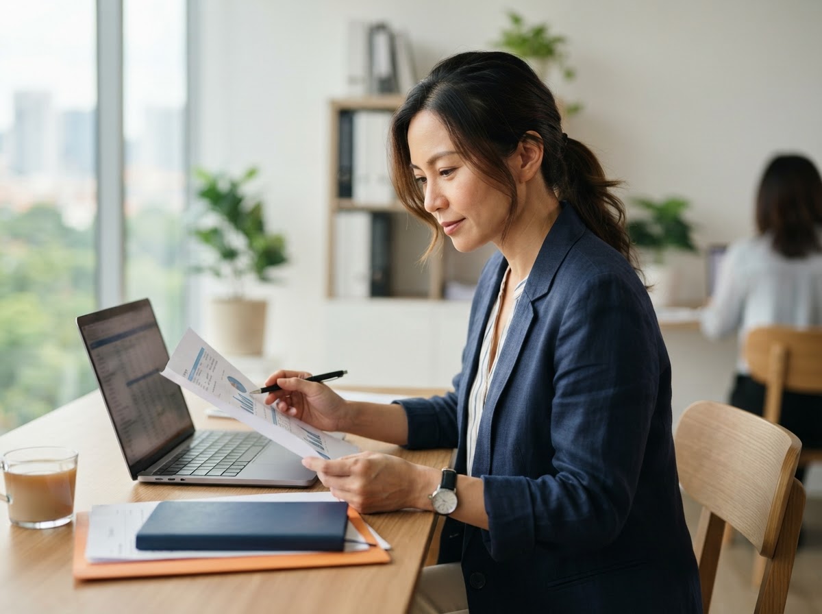An accountant reviewing a monthly financial report at her desk, laptop open beside her
