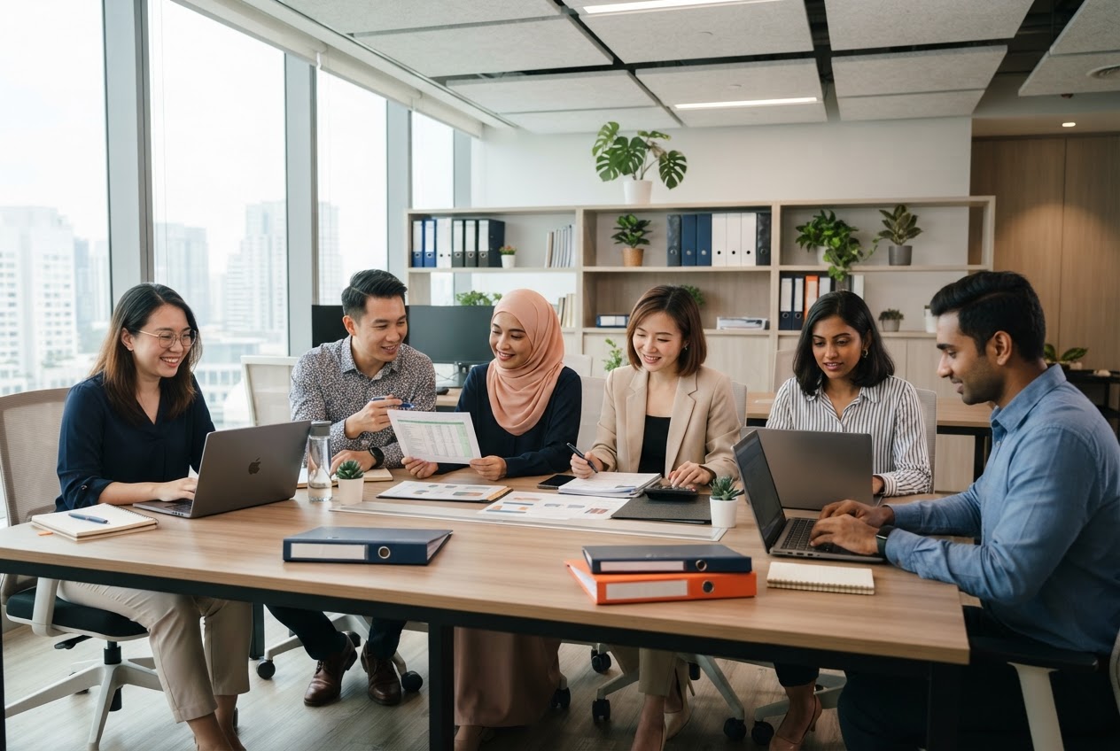 A team of accountants working together at a shared desk with laptops and printed reports