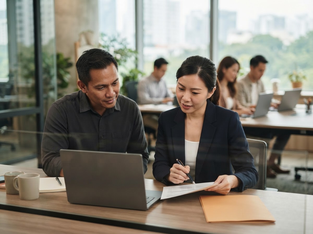 An accountant going through a document with a business owner at his office, while accounting team members work in the background
